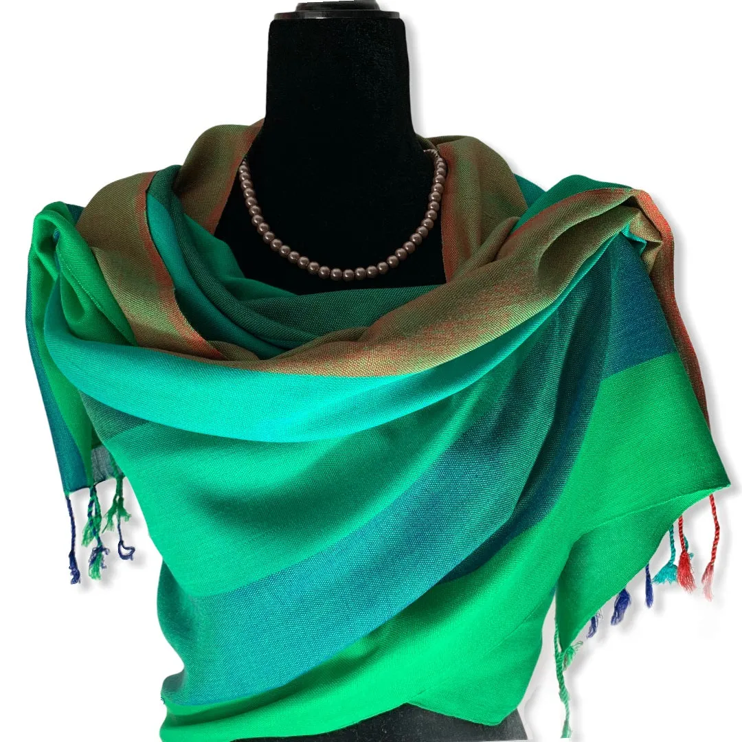 Wide Striped Handwoven Scarf - Emerald & Green