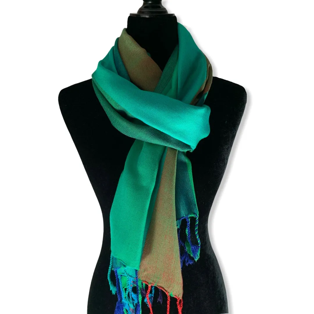 Wide Striped Handwoven Scarf - Emerald & Green