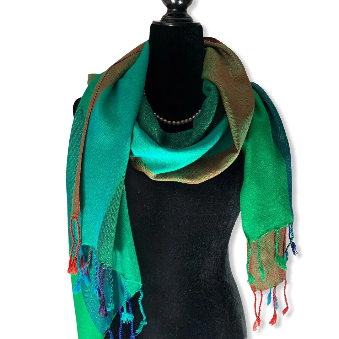 Wide Striped Handwoven Scarf - Emerald & Green