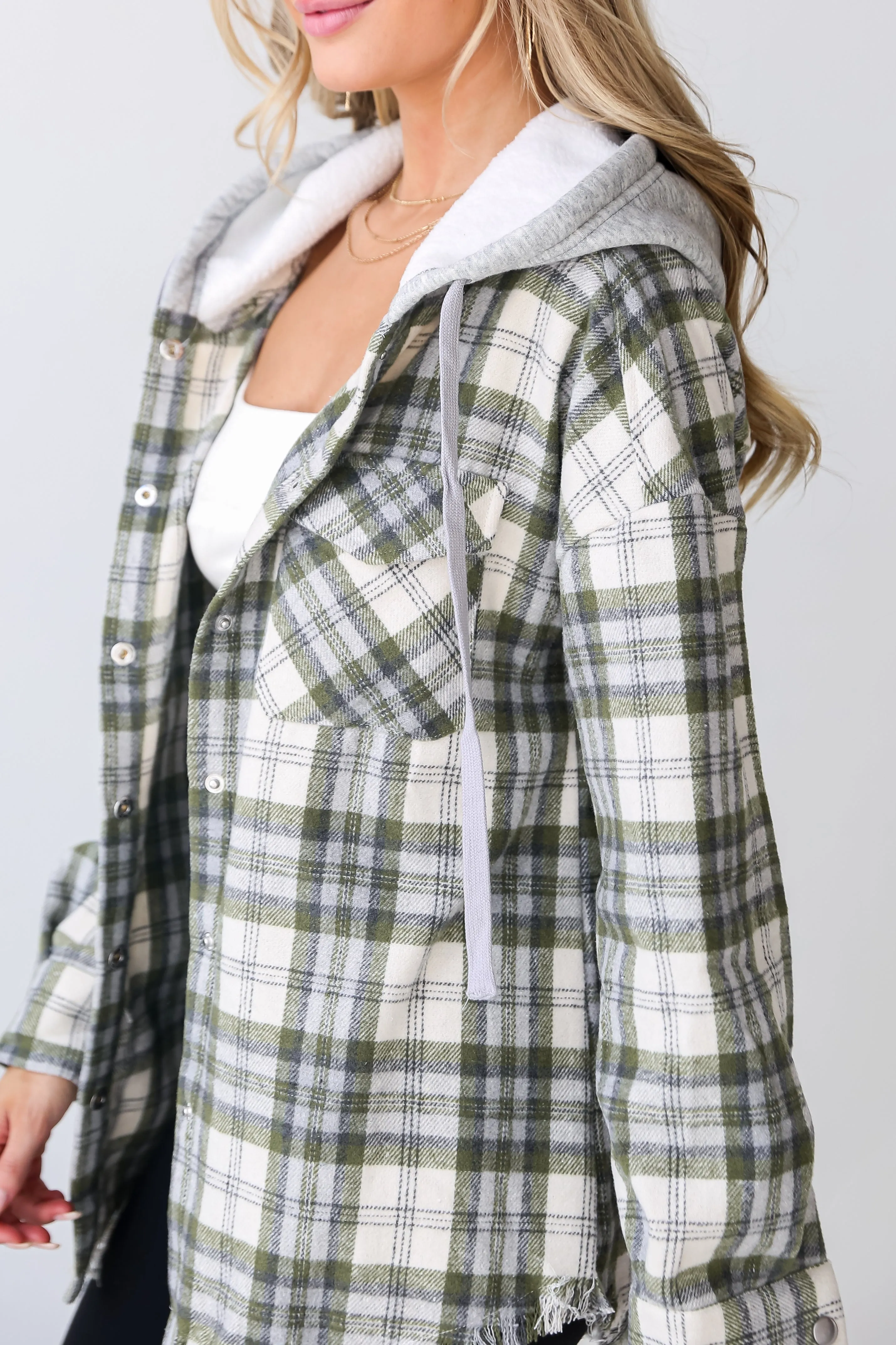 Wintery Behavior Olive Plaid Hooded Shacket