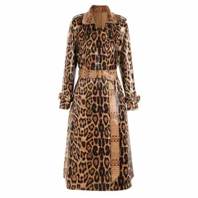 Women Animal Print Formal Coat In Brown Leopard Print Belted Trench Coat