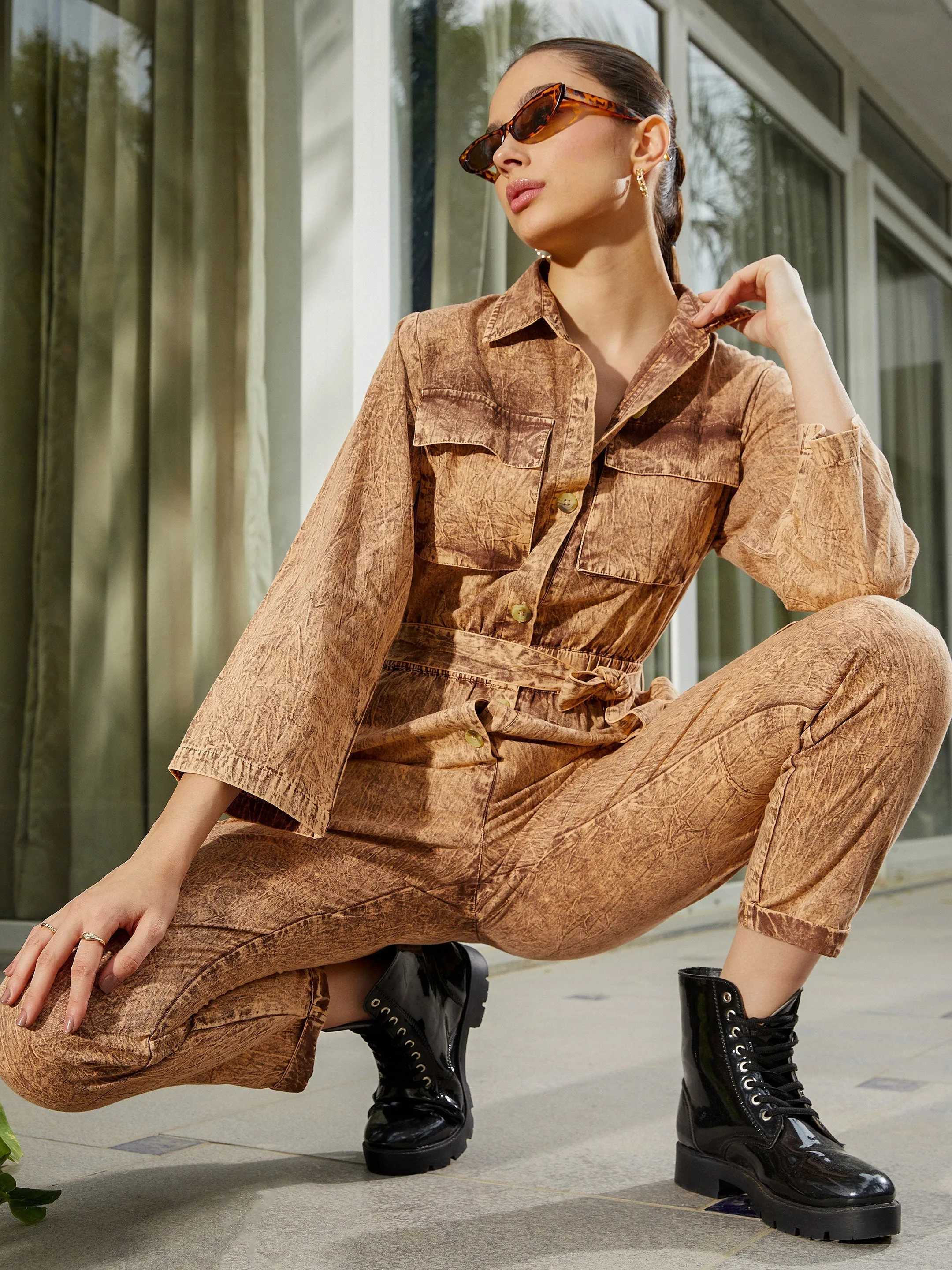 Women Brown Washed Front Button Cargo Jumpsuit