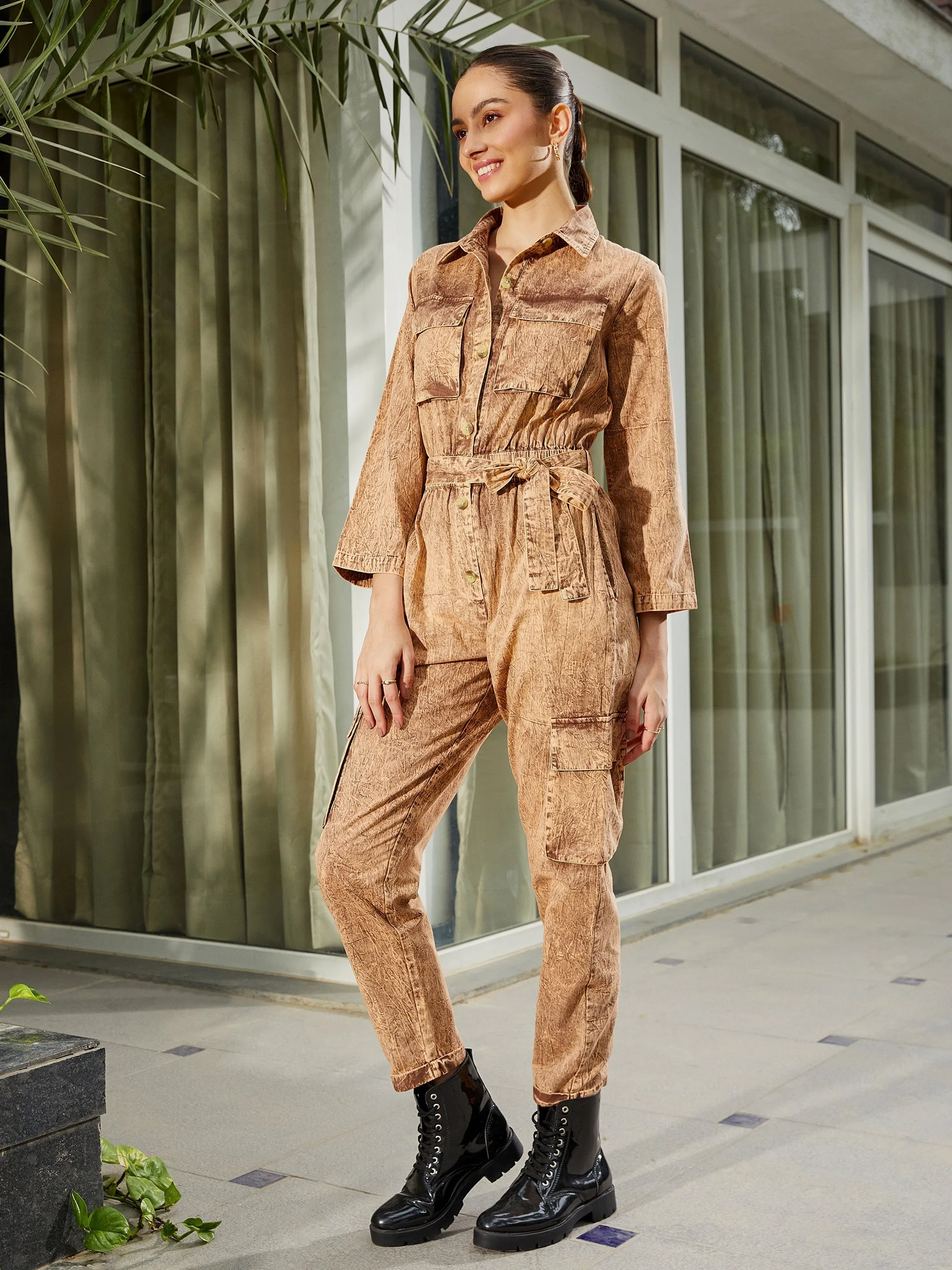 Women Brown Washed Front Button Cargo Jumpsuit