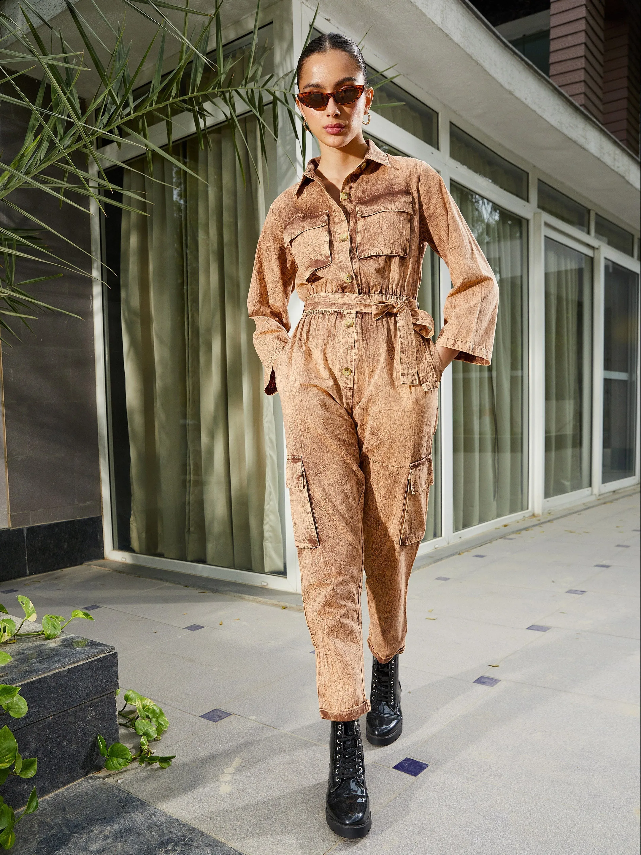 Women Brown Washed Front Button Cargo Jumpsuit