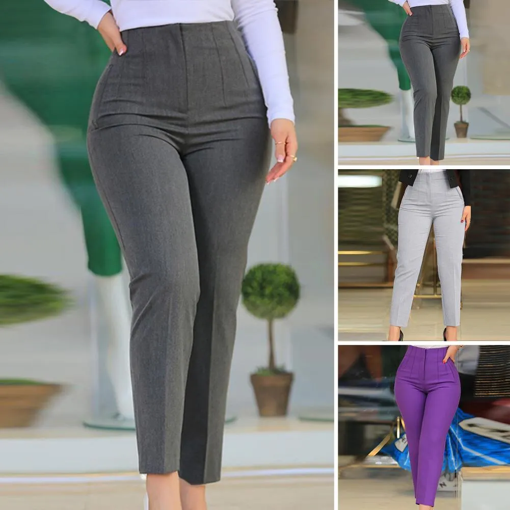 Women High Waist Pleated Pockets Business Trousers Ninth-Length Lady Trousers Solid Color Straight Leg Suit Pants