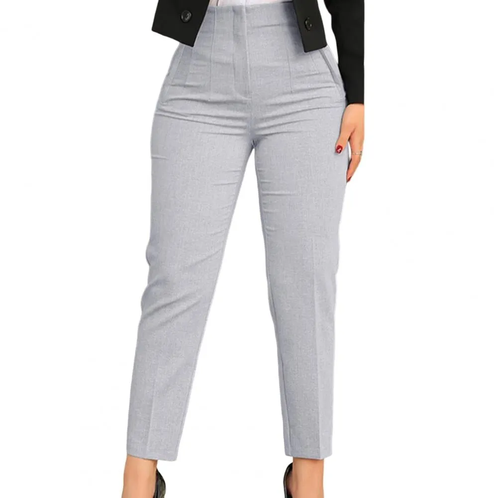 Women High Waist Pleated Pockets Business Trousers Ninth-Length Lady Trousers Solid Color Straight Leg Suit Pants