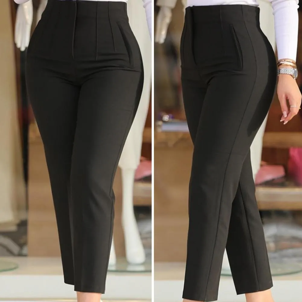 Women High Waist Pleated Pockets Business Trousers Ninth-Length Lady Trousers Solid Color Straight Leg Suit Pants