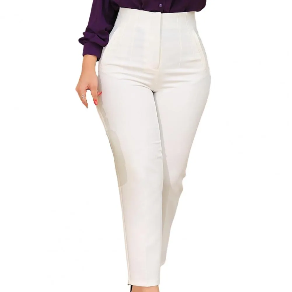 Women High Waist Pleated Pockets Business Trousers Ninth-Length Lady Trousers Solid Color Straight Leg Suit Pants