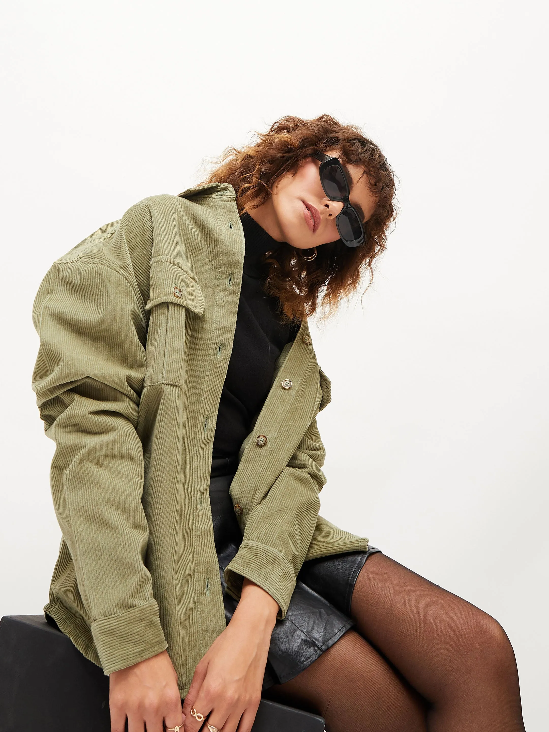 Women Olive Corduroy Oversized Shirt