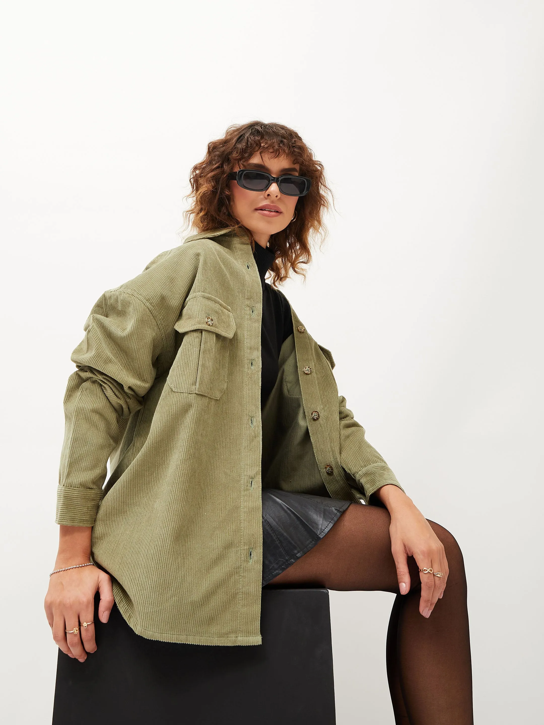 Women Olive Corduroy Oversized Shirt