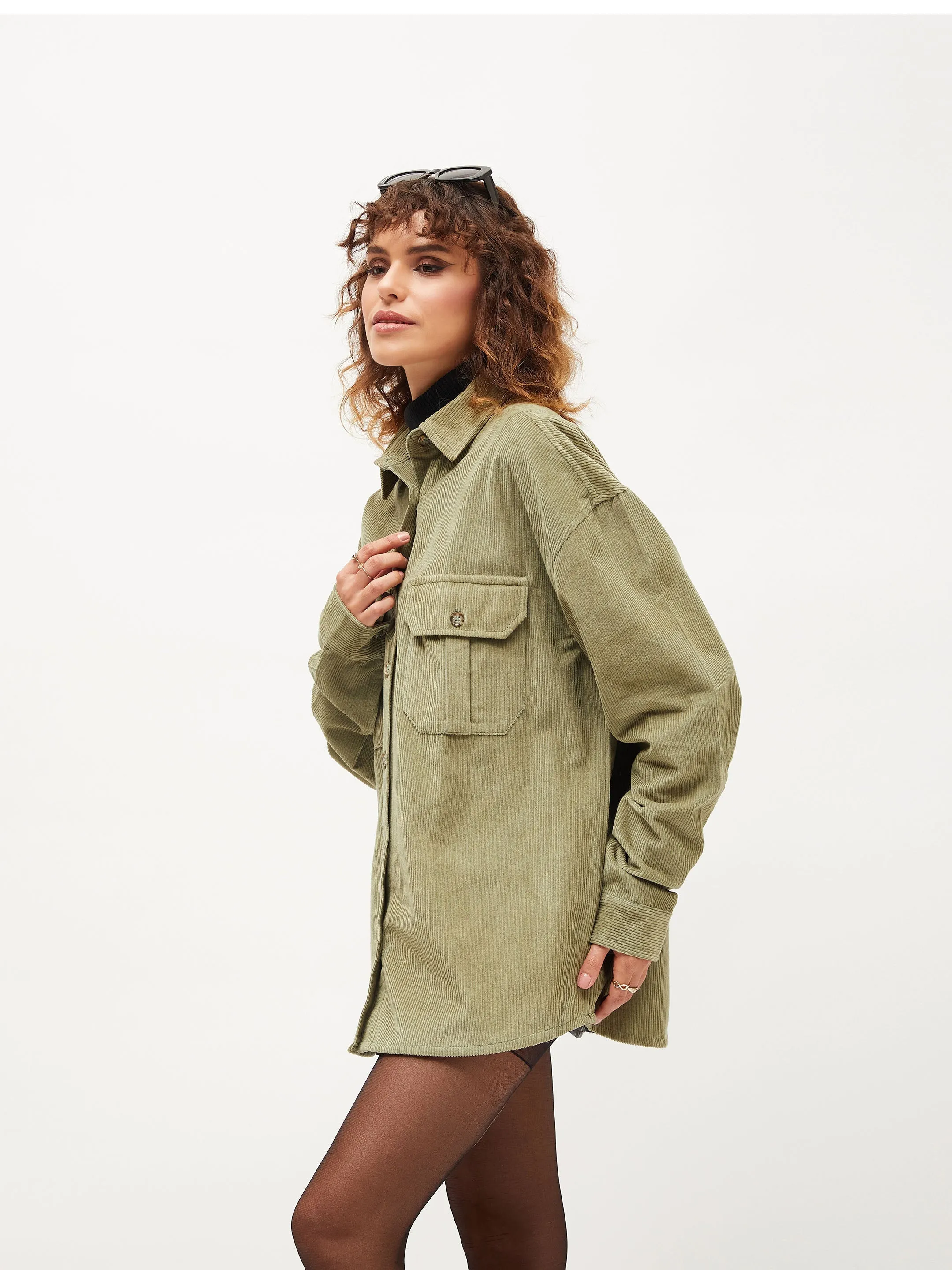 Women Olive Corduroy Oversized Shirt