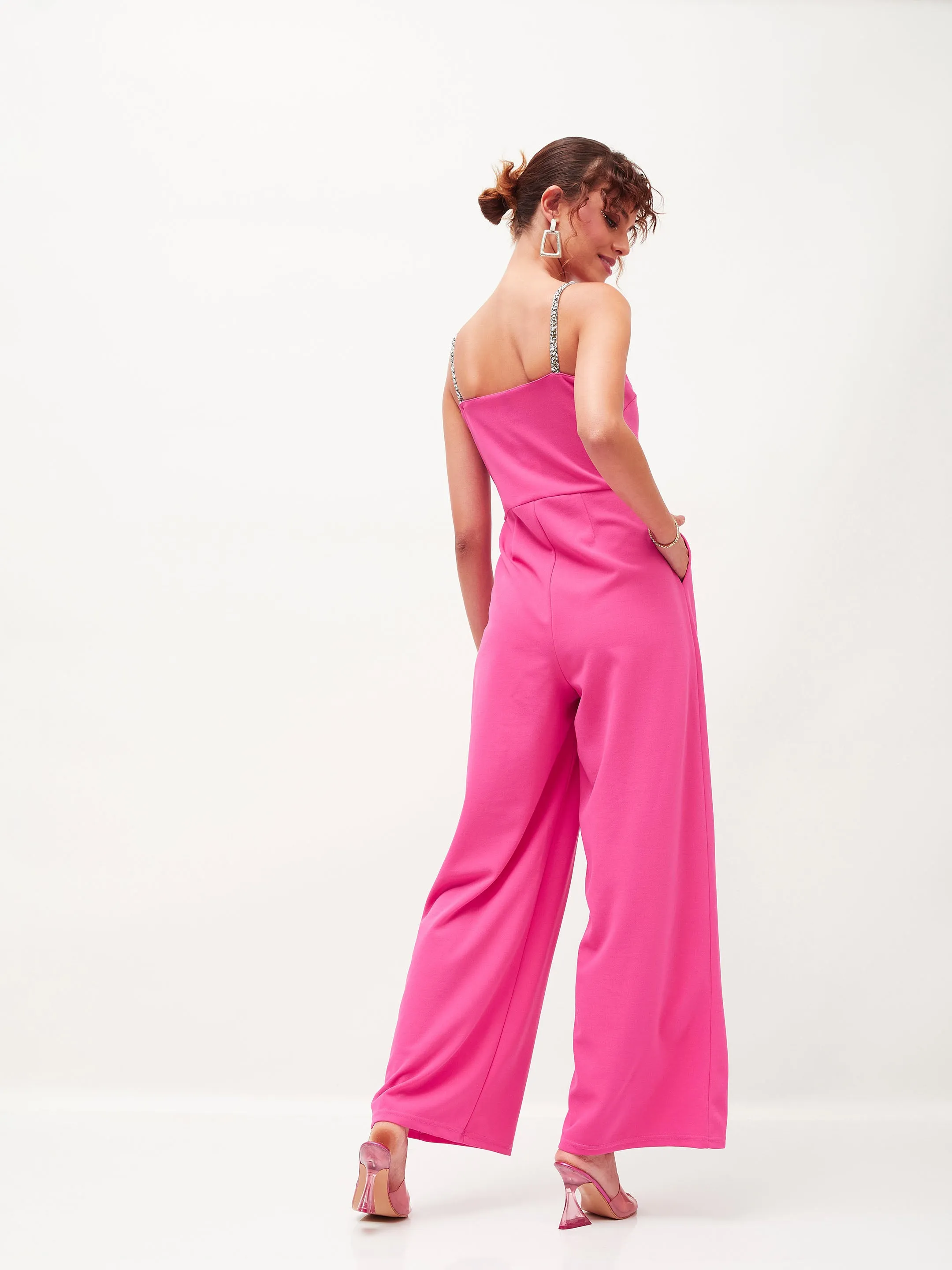 Women Pink Diamante Strap Detail Jumpsuit