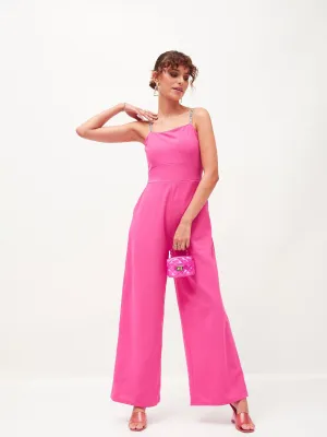 Women Pink Diamante Strap Detail Jumpsuit