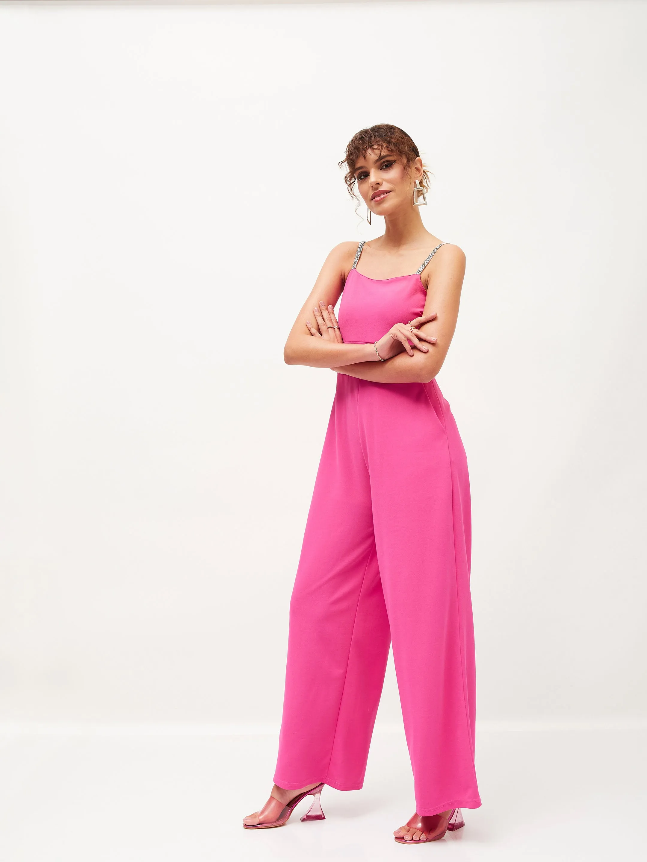 Women Pink Diamante Strap Detail Jumpsuit