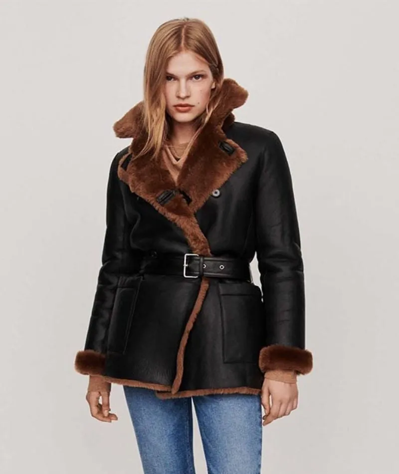 Womens Belted Black Leather Shearling Coat