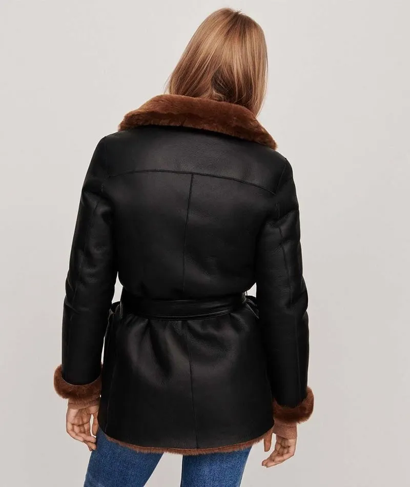 Womens Belted Black Leather Shearling Coat