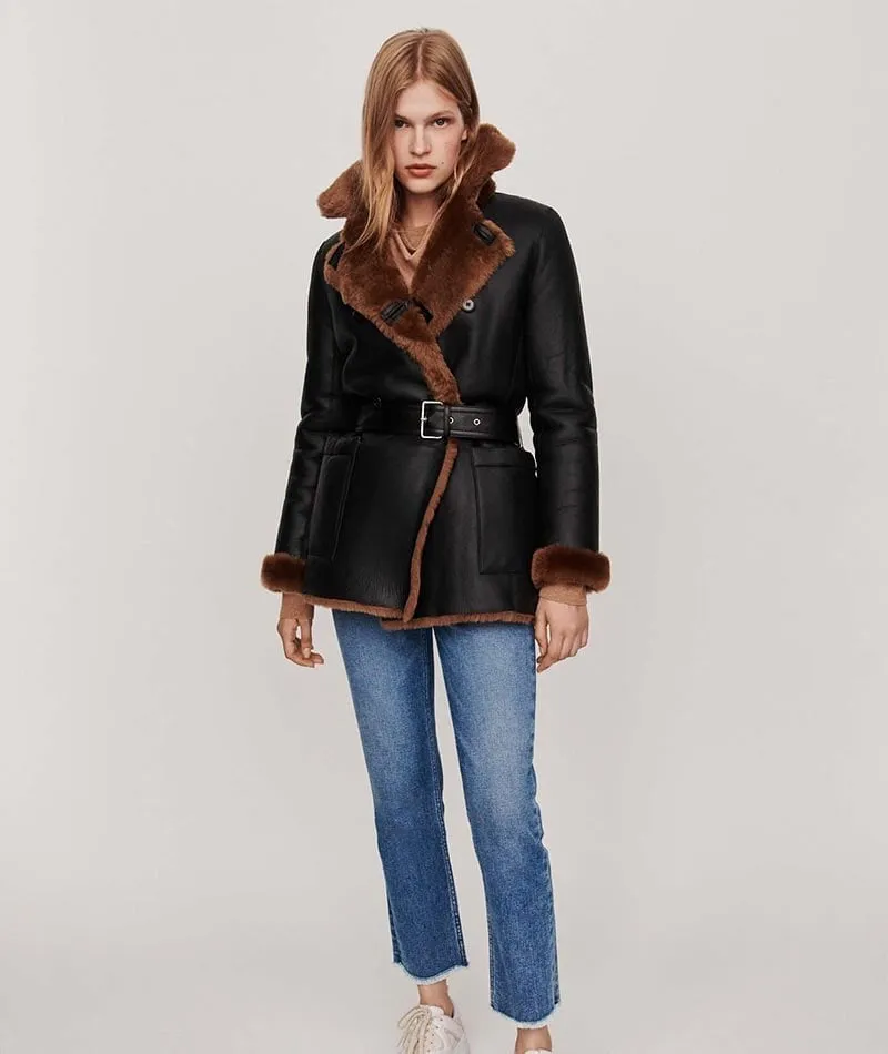 Womens Belted Black Leather Shearling Coat