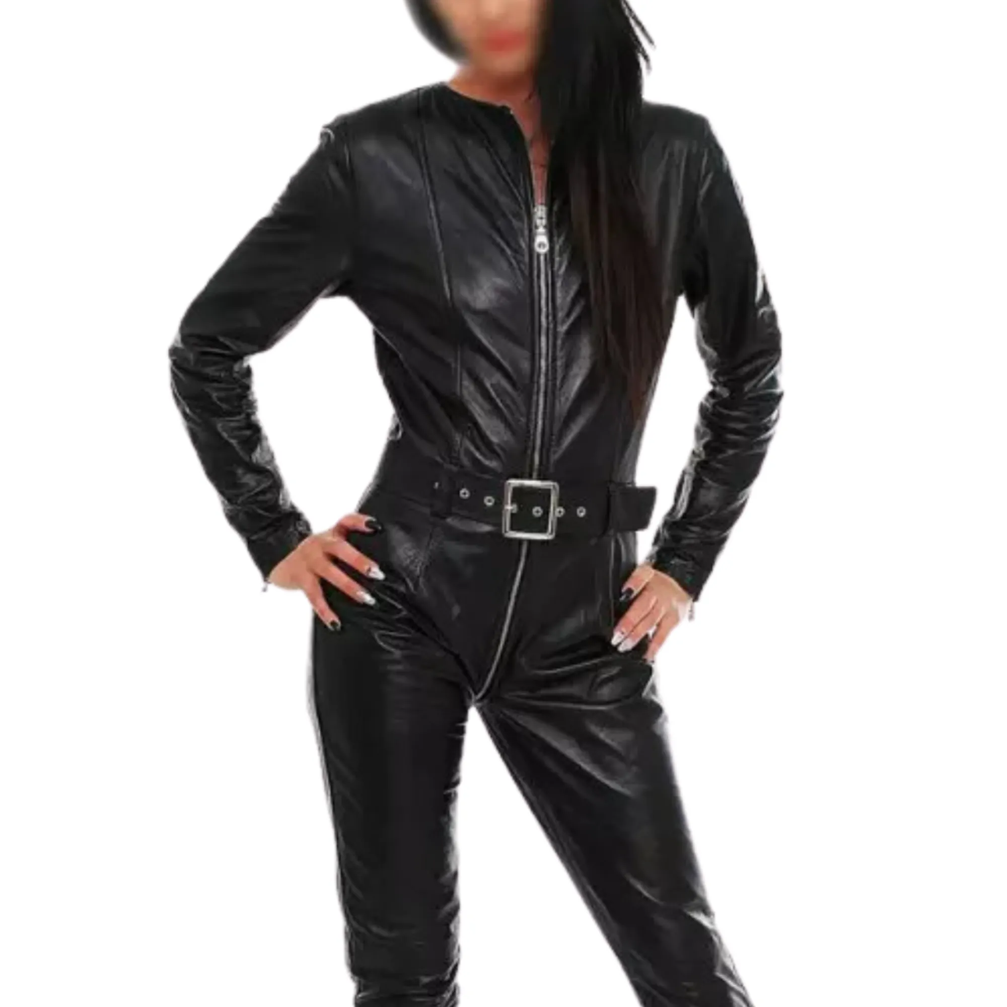 Womens Black Leather Jumpsuit with Belt