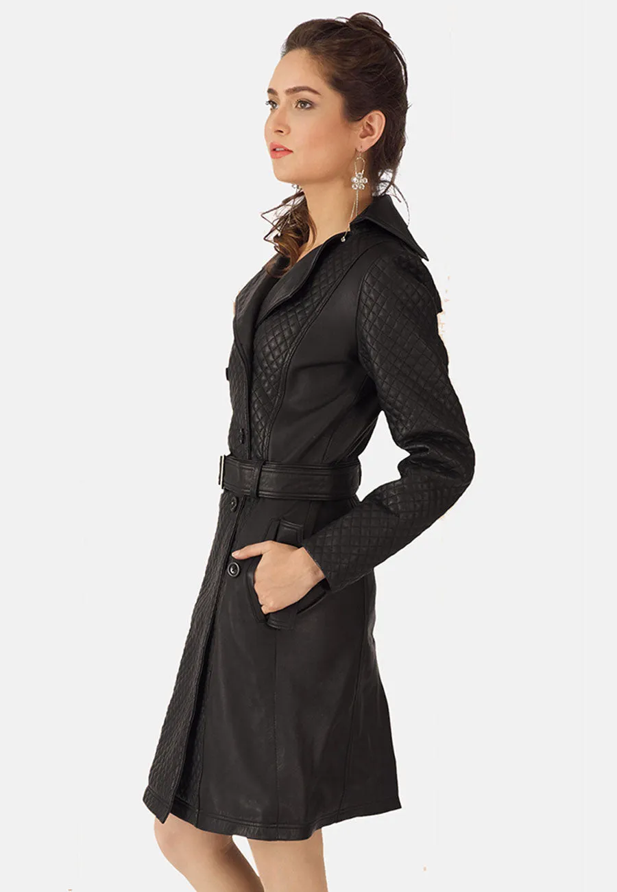 Women's Black Leather Trench Coat