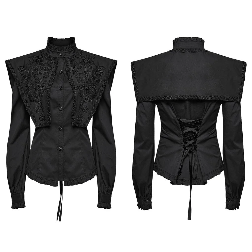 Women's Gothic Ruffled Stand Collar Lace-up Shirt Black