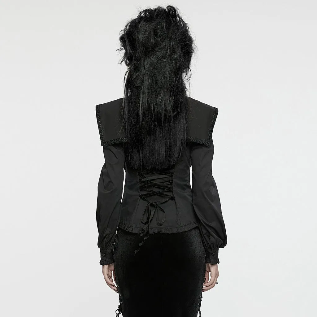 Women's Gothic Ruffled Stand Collar Lace-up Shirt Black