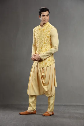 Yellow long jacket set with floral resham work