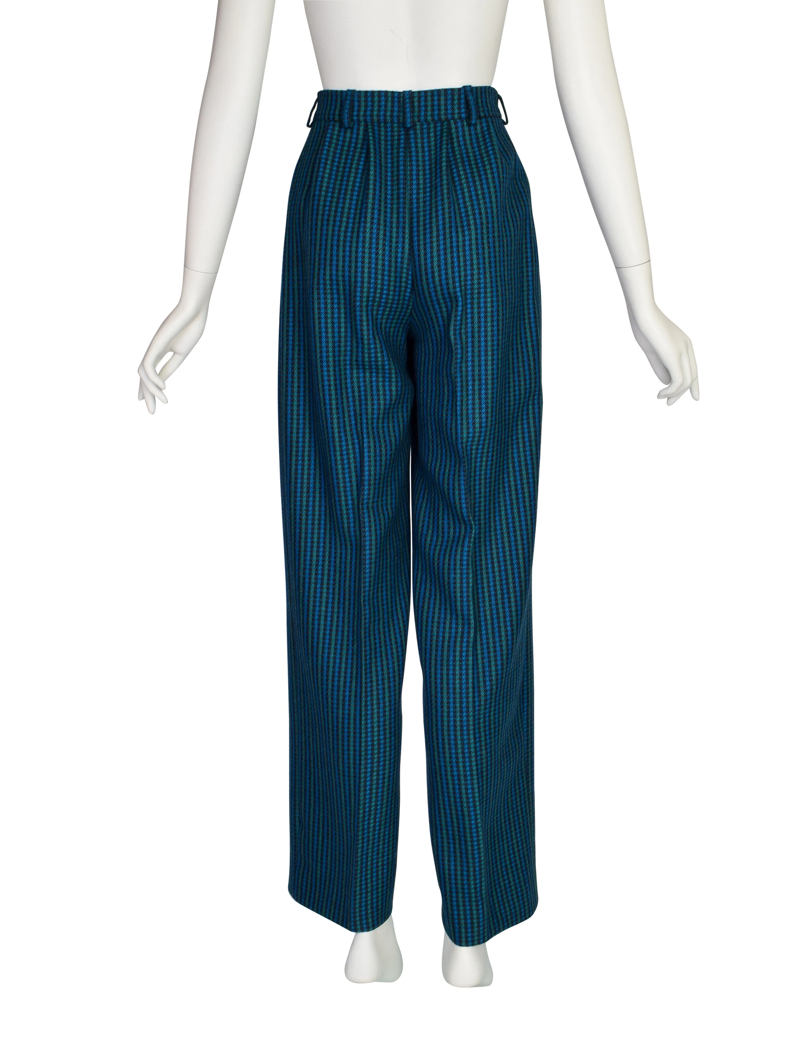 Yves Saint Laurent Vintage Green Blue Turquoise Check Wool High Waist Trouser Pants