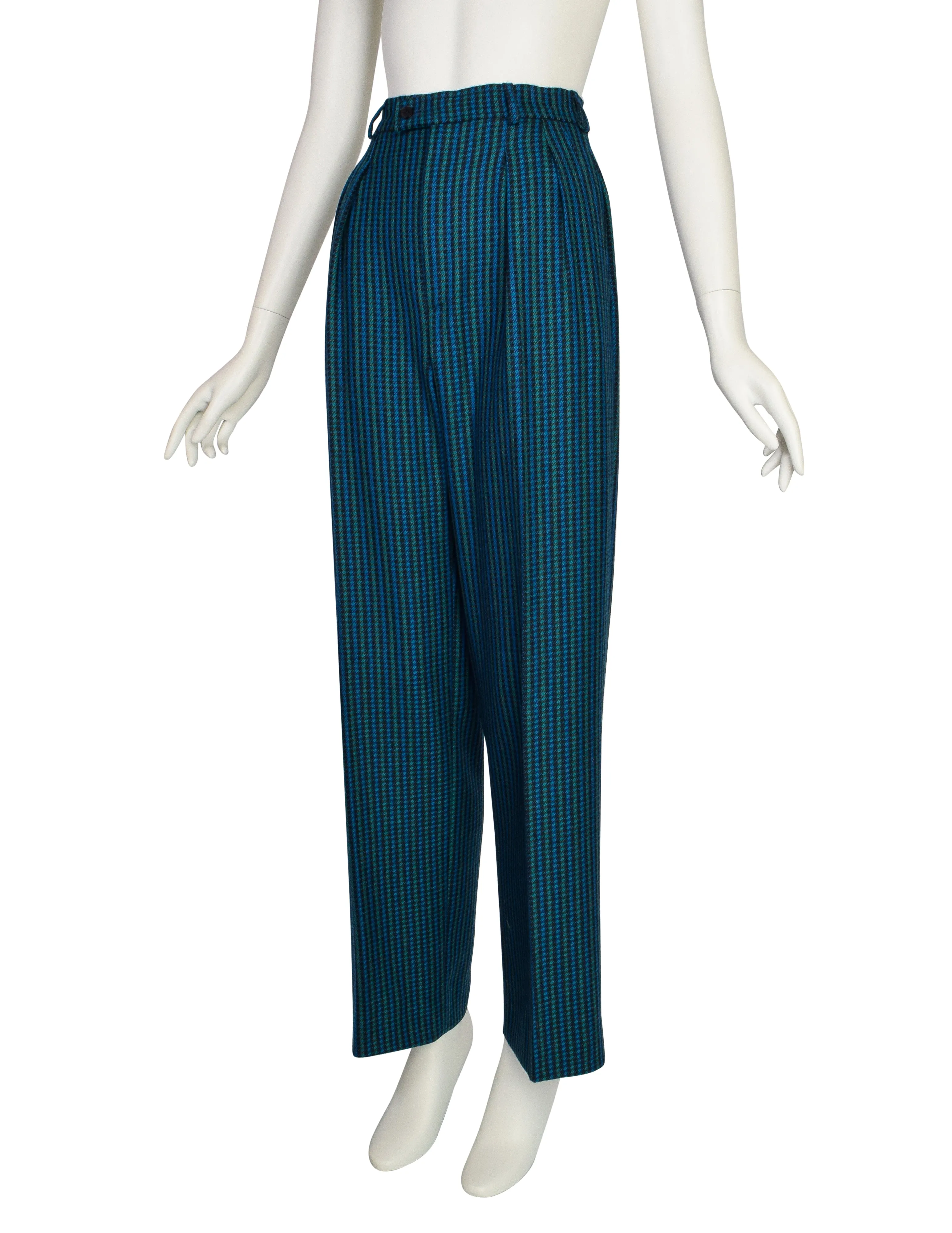 Yves Saint Laurent Vintage Green Blue Turquoise Check Wool High Waist Trouser Pants