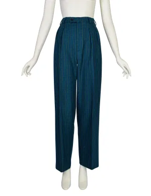 Yves Saint Laurent Vintage Green Blue Turquoise Check Wool High Waist Trouser Pants